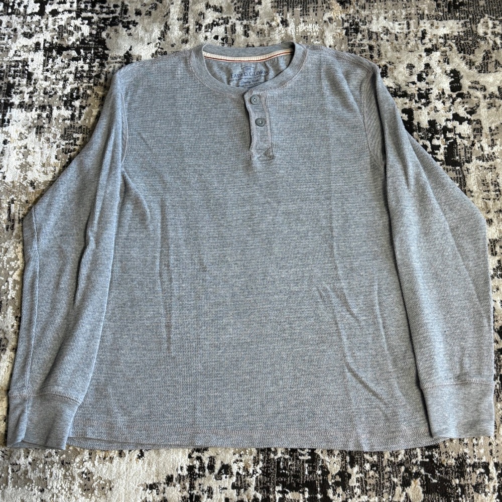 Faded Glory Henley Thermal Shirt Gray Long Sleeve Waffle Knit Organic Cotton MED